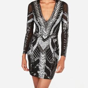 Express Women's Sequin Embellished Bodycon Mini Dress Black Silver Size Small
